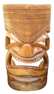 Large Carved Wood Tiki mask, height 51 1/2 inches, width 25 1/2 inches, depth 10 inches, Provenance: David and Cynthia Kim, 22 Stoney Wylde Lane, Gree