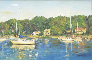 American School (20th Century), Sailboats in the dock, oil on canvas, unsigned, 24" x 36", Provenance: David and Cynthia Kim, 22 Stoney Wylde Lane, Gr