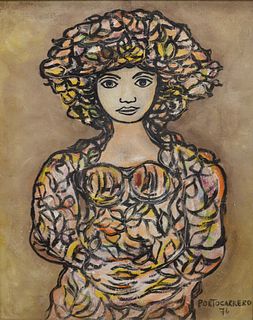 In The Manner of Rene Portocarrero (Cuban, 1912 - 1986), Female Figure, oil on canvas, marked and dated "76" lower right, marked, dated and inscribed 