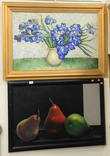 Two Piece Lot to include, a still life with a vase and blue flowers, oil on canvas, signed lower right "Walter", along with a still life with three pe