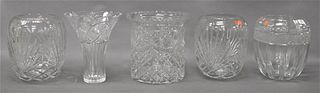 Group of Five Large Glass Pieces, to include a pair of vases, oversized urn, along with two vases, tallest height 12 1/4 inches.