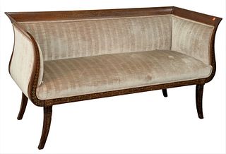 French Style Settee, having Adams style paint frame, seat height 16 inches, height 29 1/2 inches, length 56 inches, depth 20 inches.