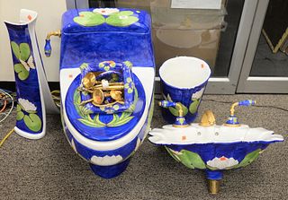 Custom Bathroom Set, having water lily and butterfly decoration to include bathroom fixtures, waste paper basket, scallop sink with pedestal (repaired