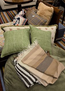 Large Group Lot, to include decorative pillows and blankets along with a CordaRoy's green bean bag chair, Provenance: David and Cynthia Kim, 22 Stoney