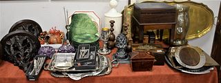 A Large Table Lot of Decorative Items, to include two amethyst candle holders, eight cabbage leaf dinner plates, several trays, two obelisk forms, a c