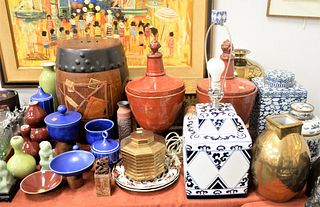 Large Group of Asian Style Items, to include several porcelain vases, a square lidded blue and white vessel, a carved and paint decorated elephant, tw