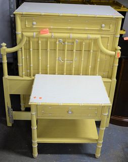 Three Piece Faux Bamboo Bedroom Set in Yellow Paint, to include a twin sized headboard, night stand, along with a four drawer dresser, height 45 1/2 i