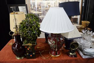 Ten Piece Group Lot, to include four Chinese style table lamps, a pair of short blue lamps on wooden bases, an oxblood porcelain lamp, along with a re