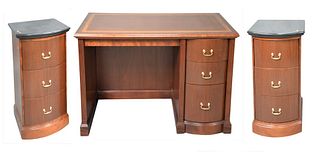 Four Piece Office Lot, to include a mahogany desk with banded inlaid top, an upholstered side chair having brass tacks, along with a pair of granite t