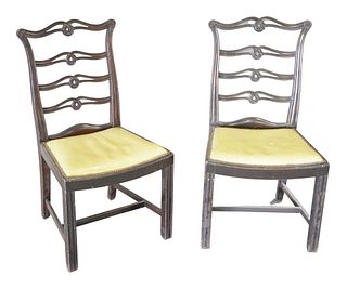 Set of Eight Mahogany Chippendale Style Ribbon Back Dining Chairs, having leather seats, height 38 inches.