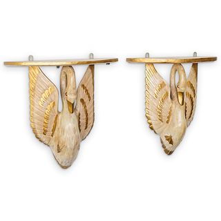 Hollywood Regency Style Carved Wood Swan Sconces