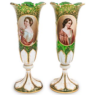 Pair Of Antique Moser Enameled Glass Vases