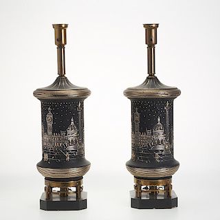 Pair Mid-Century Italian cityscape table lamps