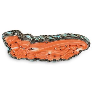 Chinese Carved Coral and Enamel Silver Brooch