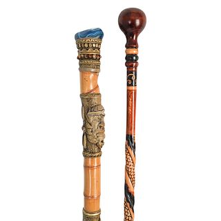 (2Pc) Signed Carved Walking Stick Grouping