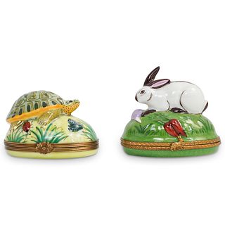 (2 Pc) Limoges Porcelain Tortoise and The Hare Boxes