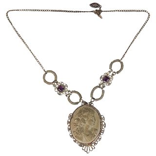 Antique Brass and Lava Cameo Necklace