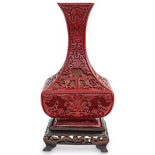 Chinese Cinnabar Carved Vase w/ Wood Stand
