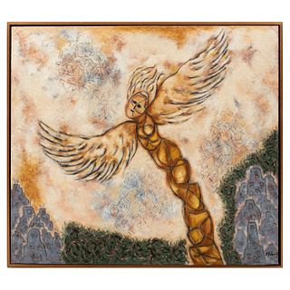 ELENA VILLASEÑOR. Firmado. El ángel que quería volar. Óleo sobre tela. Enmarcado. 120 x 145 cm.