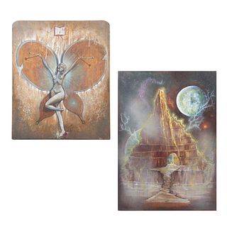 Lote de obras pictóricas. Anónimo. Mujer mariposa y Vista de luna. Óleos sobre tabla. 81 x 57 cm (mayor) Piezas: 2