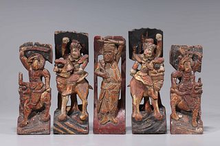 Group of Five Antique Chinese Carved Wood Figures
