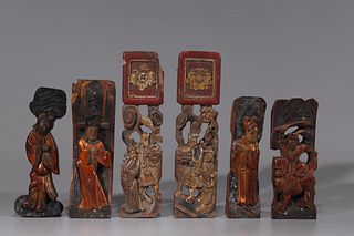 Group Of Six Antique Chinese Carved Lacquered Wood Figures
