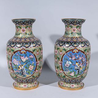 Pair Large Chinese Champleve Enamel Vases