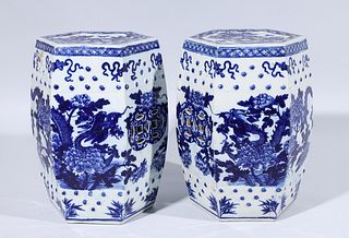Pair Chinese Blue & White Porcelain Garden Seats