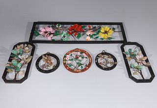 Group Of Six Chinese Framed Glass & Hardstone Flowers