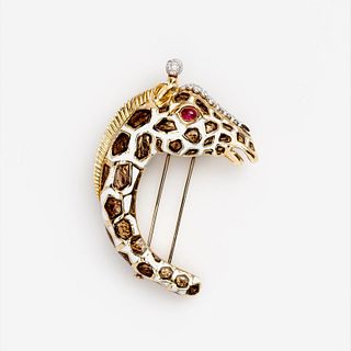 David Webb Giraffe Diamond Brooch Ruby Enamel 18k Plat 