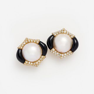 Albert Lipten Mabe' Pearl Diamond Onyx Earrings, 18k