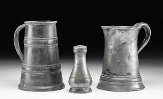 19th C. English & Danish Pewter Mugs & Saltshaker (3)