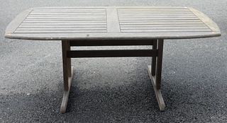 Teak Outdoor Table, having trestle base, height 28 inches, top 39" x 71".