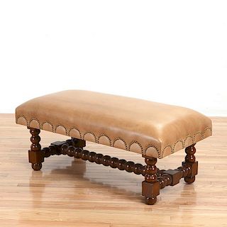 Decorator brass studded leather upholstered bench