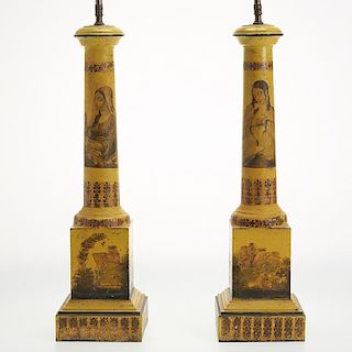 Pair Empire style yellow tole lamps