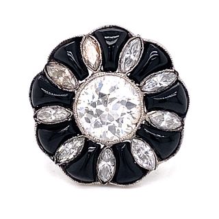Platinum Enamel Diamond Flower Ring
