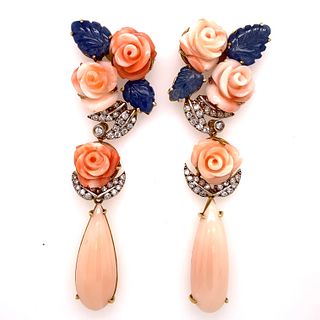 Art Deco 18k Rose Coral Sapphire Diamond Long Earringsت