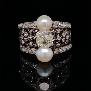 Silver & Gold Diamond Pearl Ringت