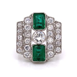 Art Deco Platinum Colombian Emerald Diamond Ring