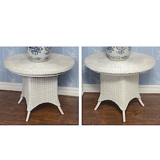 Pair round white painted wicker side tables