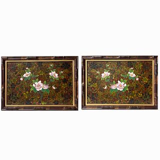 Pair of Chinese Painted Plaques with Bamboo Frame