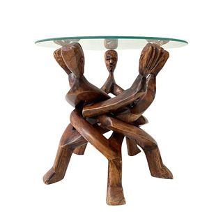 Carved Wood Small Table with Glass Top
