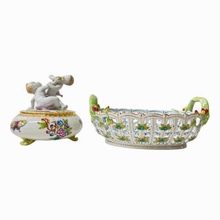 Pair of Herend Hungary porcelain basket and bowl