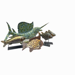 Set of 4 Tin Fish Sculptures and 1 Fish Lamp