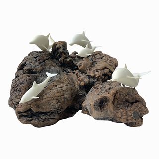 Sculpture Wood Coral with Porcelain Dolphins