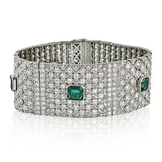 Art Deco diamond bracelet with synthetic emeralds