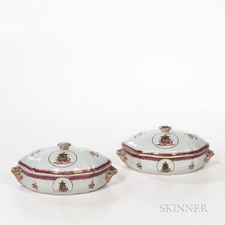 Pair of Armorial Export Porcelain Serving Dishes and Covers