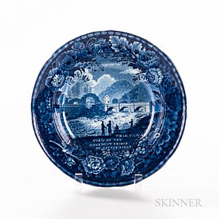 Staffordshire Historical Blue Transfer-decorated "View of the Aqueduct Bridge at Little Falls" Soup Plate
