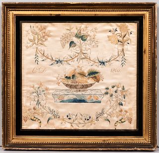 Pictorial Embroidery on Silk with Initials "CD"