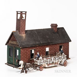 Large Cast Iron Horse-drawn Hook and Ladder Toy and a Scratch-built Painted Wood Firehouse